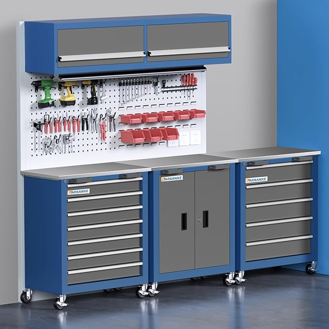 LARBANKE Tool Chest with Wheels and 4 Pad Feet,Tool Chest with 2 Doors and Adjustable Shelves,Lockable Steel Chest for Garage,Home and Office,can be Combined to Large Cabinet Set