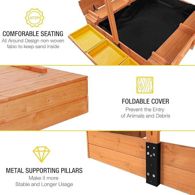 AIVITUVIN Sandbox with Lid, Sand Boxes for Kids Outdoor, 47.2 Inch Sand, UV Resistant & Adjustable Height Roof, Gift for Kids Ages 4-8 (Sandbox + 3 Toy Bins)
