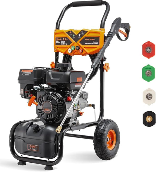 Gas Pressure Washer, 3500 PSI 2.3 GPM Power Washer with 209CC Engine, 4 Quick-Connect Nozzles, 25FT Hose, 3L Soap Tank, High Pressure Washer for Car, Driveway, Fence, Patio Cleaning, Orange