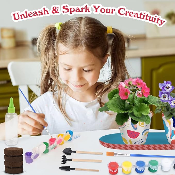 QSQSRUCH 4 Set Flower Garden Kit for Kid, Painting & Plant Kits for Ages 4-8,Arts and Crafts Set, Girls Gifts 8-10,Girls Toys Age 6-8, Gift for 4 5 6 7 8 9 10+ Year Old Girl