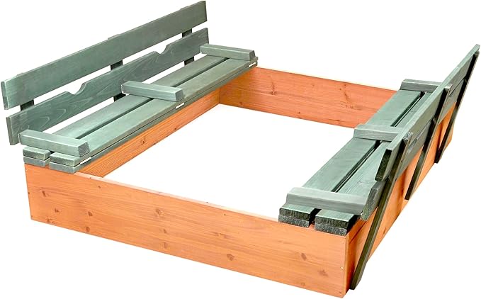 Badger Basket Wooden Sandbox with Lid & Benches - Large Outdoor Sandbox for Kids Made of Cedar - Foldable Cover, Seating & Backyard Playset - Natural/Green