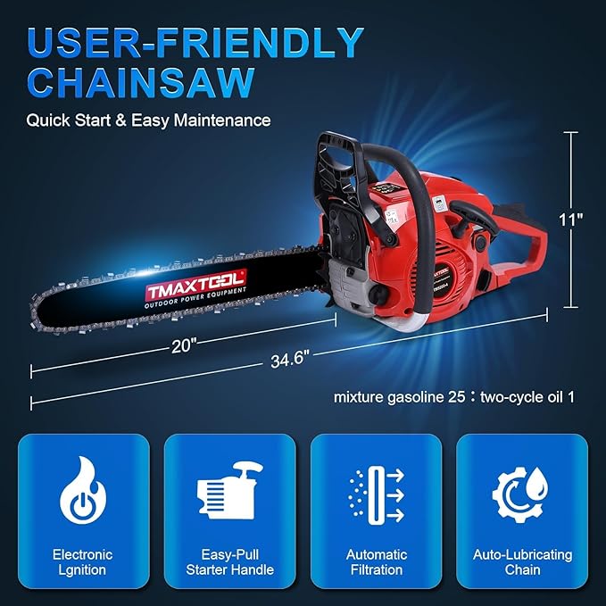 62cc Gas Chainsaw, 3.5-HP, 20 Inch Gas Powered Chainsaw, 2-Stroke Chainsaws with Automatic Oiler, Gasoline Chain Saw for Cutting Wood Outdoor Garden Farm Home, Red