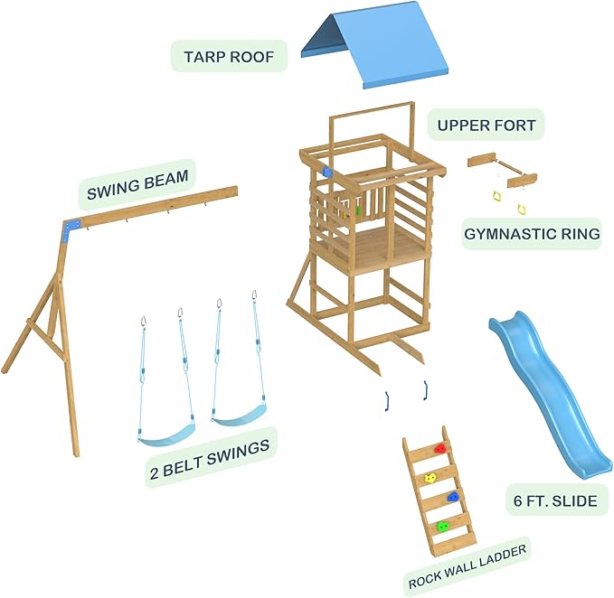 Spruce Wood Swing Set with Wave Slide, Belt Swings, Play Deck, Rock Wall Ladder, Pull up Rings and Puzzle Chess Board, Canopy Roof Outdoor Playset for Backyard