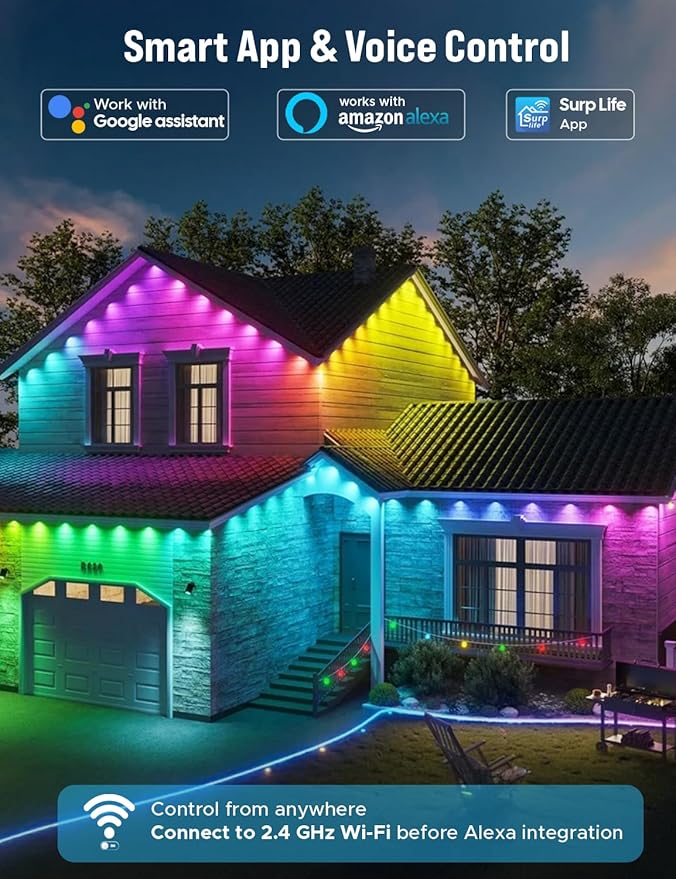 EcoNour 100 FT Smart RGB Permanent Outdoor Lights | Music Sync, Waterproof LED Eaves Lights with Extension Connector & Remote Control | Colorful RGB LED Christmas Light with Festive Lighting Effects