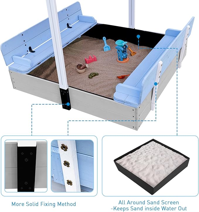 Wooden Kids Sandbox with Lid Sand Box with Cover for Outdoor with Canopy Ages 4-8, Sand Pit with Foldable Bench Adjustable Roof Bottom Liner
