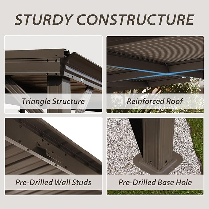 Domi 10'x10' Lean to Gazebo Hardtop, Expandable Wall Mounted Pergola with Gutters & Galvanized Steel Roof, 60MPH Wind Resistance, Outdoor Heavy Duty Metal Awning for Patio, Deck, Backyard - Brown