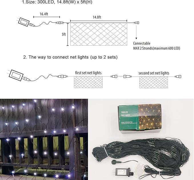 OYCBUZO 300LED White Net Lights, 14.8ft x 5ft Connectable Christmas Outdoor Mesh Lights with 8 Lighting Modes, Waterproof Fairy Lights Plug in for Bushed Xmas Tree Holiday Party Garden Decoration