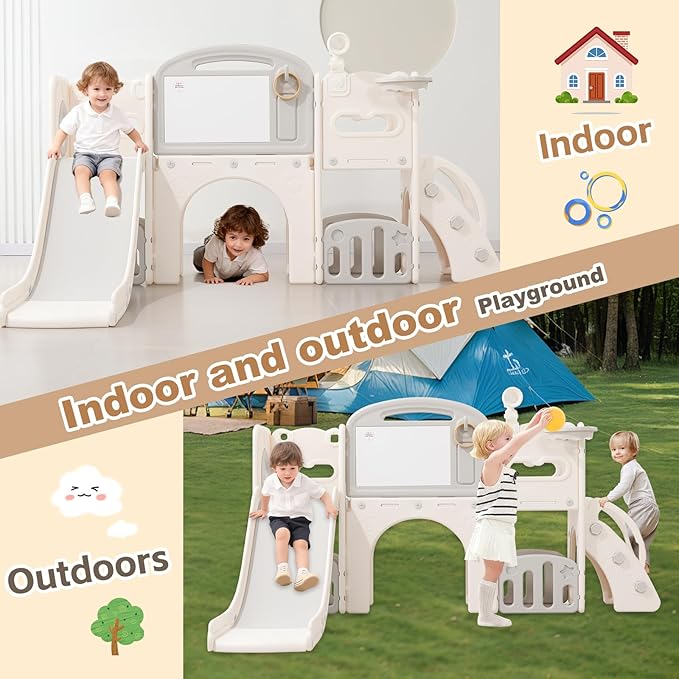 Outdoor Toddler Playset with Slide Set,Indoor Playground for Toddlers 1-3, Climber Play Set with Telescope Basketball Hoop,Tunnel Playhouse and Jungle Gym
