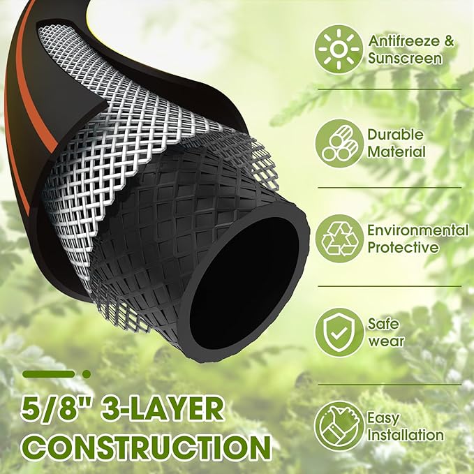 Heavy Duty Garden Hose ? 5/8 Inch Flexible, Lightweight Hybrid Hose with 600 PSI Burst Pressure, Swivel Handle, and Durable Copper Male/Female Fittings (Black with hose sprayer, 75FT)