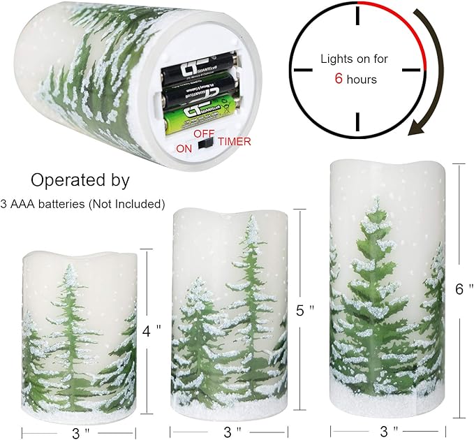 Wondise Flickering Flameless Pillar Candles with Timer, Battery Operated Real Wax Warm Light Christmas Tree Pine Tree Decal Candle for Home Decoration Christmas Gifts, Set of 3(D3 x H4/5/6 Inch)