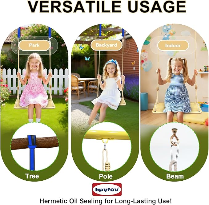 500LBS Waterproof Wooden Swing Seat Hermetic Oil Sealing for Outdoor Indoor, 16 x 7 x 0.8 Adjustable Hanging Tree Straps for Adults & Kids, Bamboo Wood Swing Set Accessories for Backyard Playground
