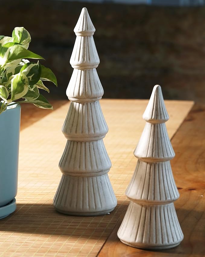 WONDROUS' DECO Wooden Christmas Tree Figurine Decor, Set of 2 White Christmas Tree Table Centerpieces, Small Distressed White Xmas Trees Set Decoration for Vintage Mantle Indoor