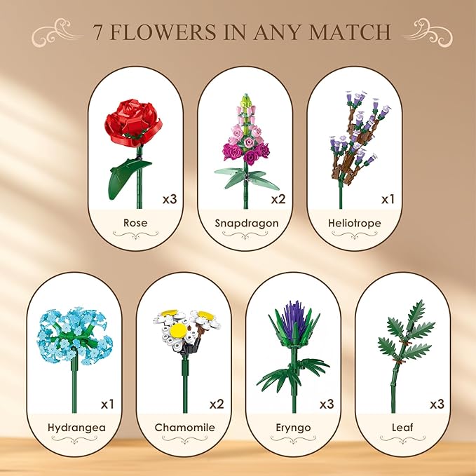 1000 Pcs Flower Bouquet Building Kit,Artificial Flower Bouquet Kit for Adults, Botanical Collection Home Decor, for Women and Girls,Anniversaries and Christmas Ideal Gift