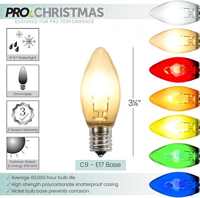 Pro Christmas C9 LED U Shape Flexible Filament Bulb - Pro Pack of 25 Bulbs - Energy Efficient Outdoor Waterproof Lighting for Holiday Decor, Christmas Trees - 2800K Warm White