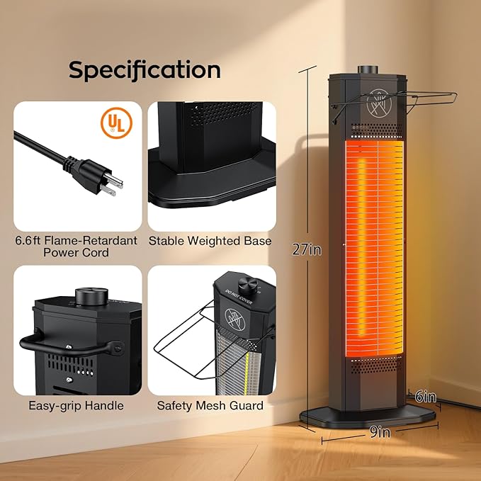 Outdoor Electric Patio Heater, 27-inch Infrared Tower Heater with 1200W Instant Heating, IPX5 Waterproof, Tip-Over & Overheat Protection, Space Heater for Patio Garage Workshop Indoor & Outdoor Use