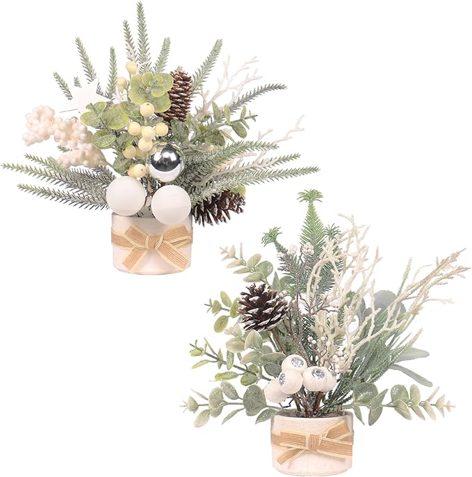 JJIALEIXI 2PCS Small Christmas Tree,11" Artificial Little Potted Mini Tabletop Tree Christmas Decorations, for Wedding Holiday Indoor Xmas Party Winter Decor (White/Green/Silver).
