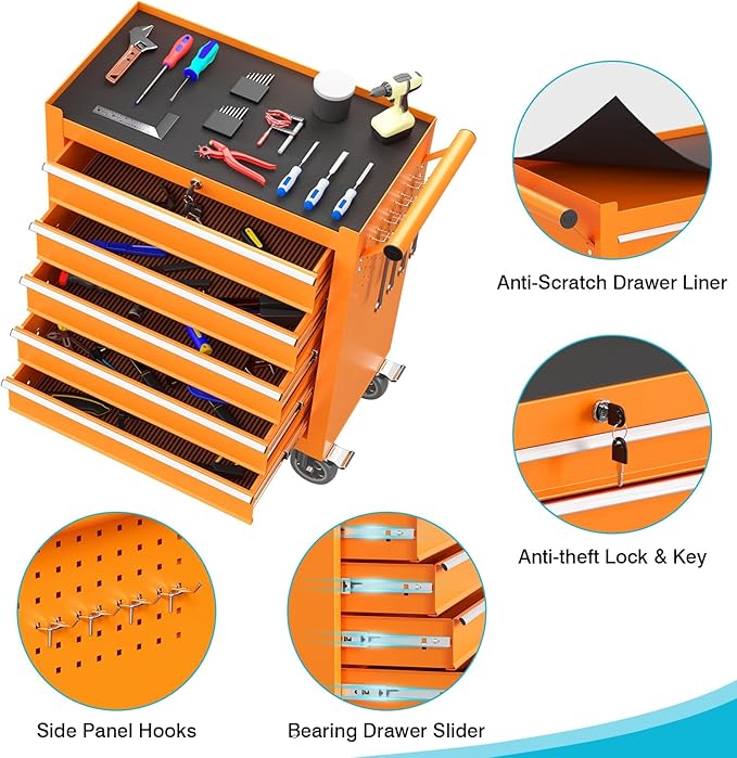 5 Drawers Rolling Tool Chest, Portable Storage Tool Box with Wheels, Tool Chest with Lock for Warehouse, Garage, Repair Shop and Tool Room (Orange)