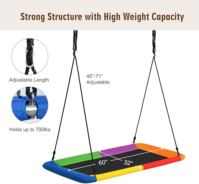 Costzon 700lb Giant 60'' Platform Tree Swing for Kids and Adults, Wear- Resistant Indoor/Outdoor Rectangle Swing with Durable Steel Frame and 2 Hanging Straps for Porch, Backyard (Rainbow)