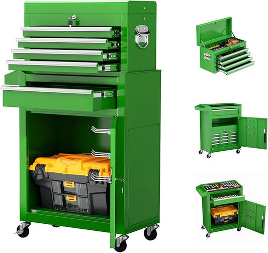 Crownland 5-Drawer Rolling Tool Chest with Wheels, Lockable 2 in 1 Detachable Tool Cabinet wit Drawers and Black Liners, Garage Top Toolbox & Bottom Storage Cart with Side Hooks(Green)