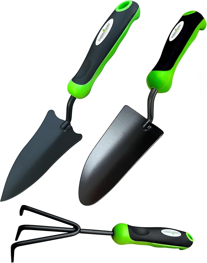 Garden Guru Garden Tool Set 3pc Hand Trowel Transplanter Cultivator ? Heavy Duty Rust Resistant Carbon Steel - Ergonomic Comfort Grip Handle ? Perfect Gardening Tool Kit Gifts for Women & Men