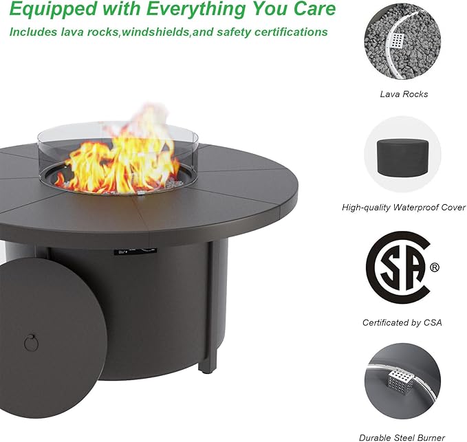 48 Round Propane Fire Pit,Steel Tabletop Fire Pit w Lava Rocks,55000 BTU Auto-Ignition Gas Fire Pits with Lid & Windproof Glass for Outdoor,Patio,Backyard
