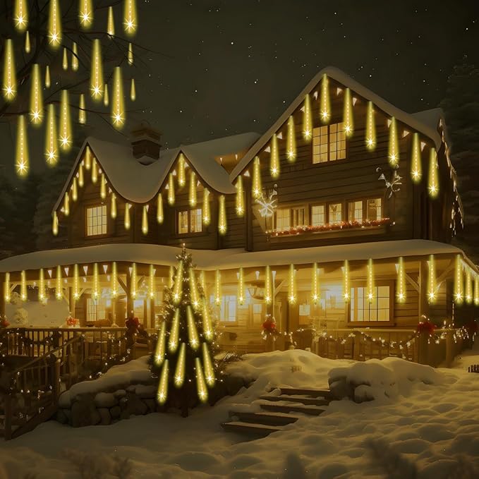 Christmas Lights Outdoor, UL Certified Falling Rain Drop Light 8 Tubes 192 LED Meteor Shower Snow Dripping Icicle Lights for Xmas Tree Christmas Decorations Holiday Party, Warm White