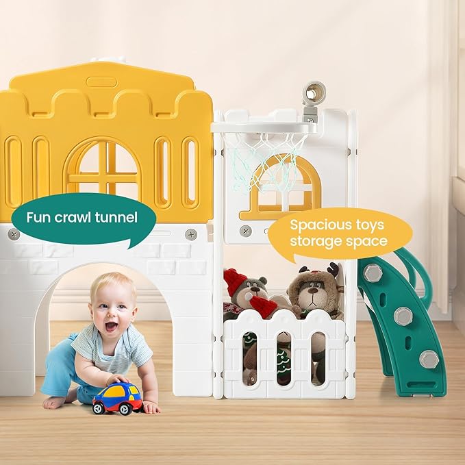 8-in-1 Toddler Slide and Climber Playset for Kids Ages 1-3, Indoor/Outdoor Playground with Basketball Hoop, Tunnel, Telescope, Steering Wheel & Storage, Orange-Green, American Standard