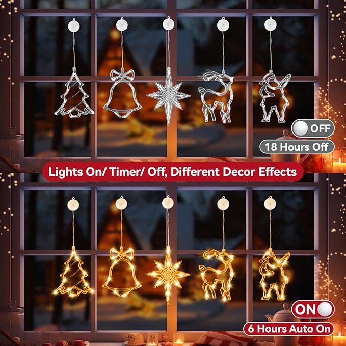 5Pcs Christmas Window Lights, Battery Powered Twinkle Lights Christmas Decorations Indoor Outdoor for Wall Door Porch Balcony Glass Decor with Suction Cup & Timer