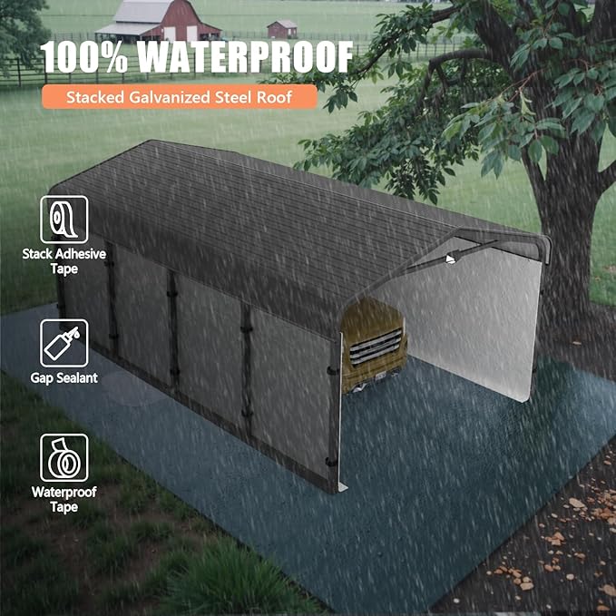 12x20 Metal Carport, Galvanized Steel Roof Car Port with Remvoable Polyethylene Sidewalls