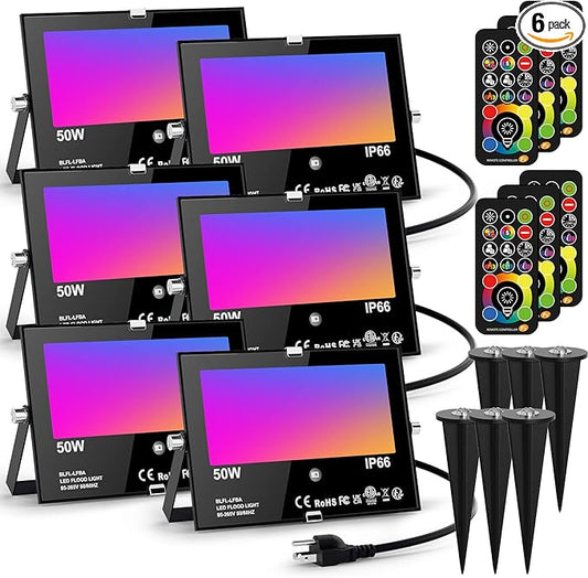 LED Flood Light Outdoor 500W Equivalent Color Changing Landscape Lighting, Timing+120 Colors Strobe+2700K Warm White+DIY Flash,IP66 Waterproof Up Stage RGB Led Light Indoor US 3Plug 6Pack with Stake