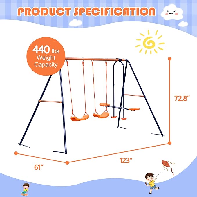 Outdoor Swing Sets for Backyard, 440lbs Load Capacity Swing Stand with 2 Seats and 1 Glider, Heavy Duty A-Frame Metal Outdoor Swing Set for Kids