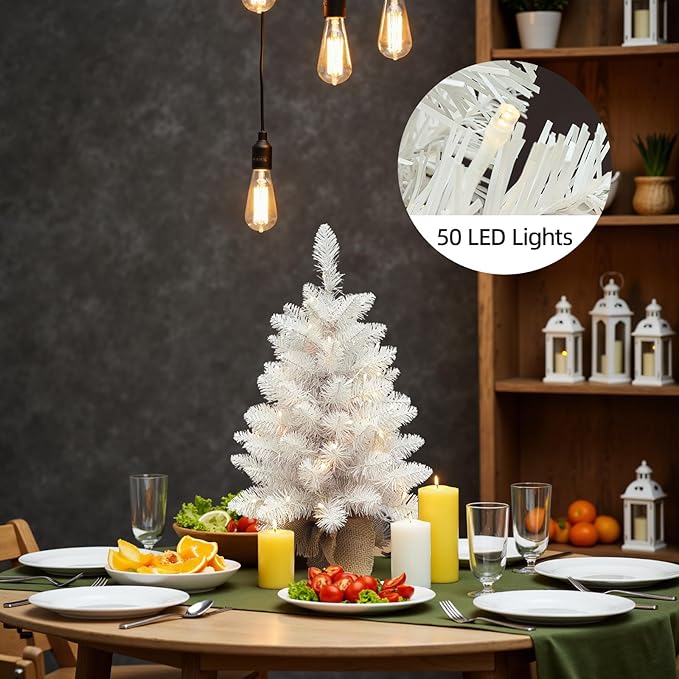 Pre-Lit White Christmas Tree, 2ft Christmas Tree with 50 Led Warm Lights, Artificial Christmas Tree with 72 Branch Tips, Battery Operated Small Xmas Tree for Table Desk Best Holiday Home Decorations