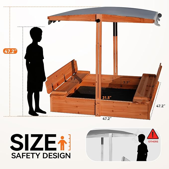 Wooden Sandbox with Lid & Canopy Cover, 48x48 Large Outdoor Sand Box for Kids Ages 4-8, with Foldable Bench Seats, UV-Resistant & Adjustable Height Roof & Bottom Liner