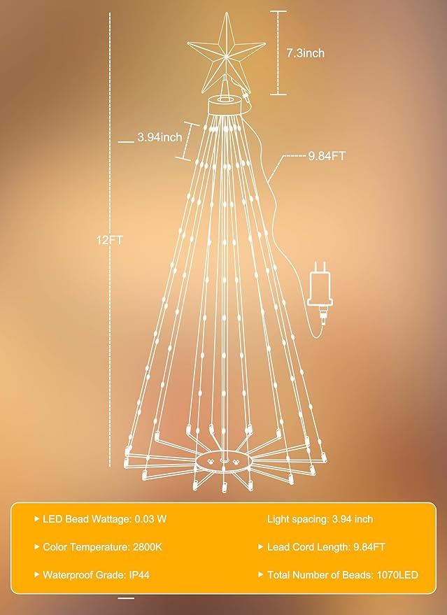 Outdoor Christmas Cone Tree Light, 12 Feet 1070 LEDs Outdoor Lightshow with Star Topper, Artificial Christmas Tree for Yard Square Plaza Christmas Decorations, Warm White