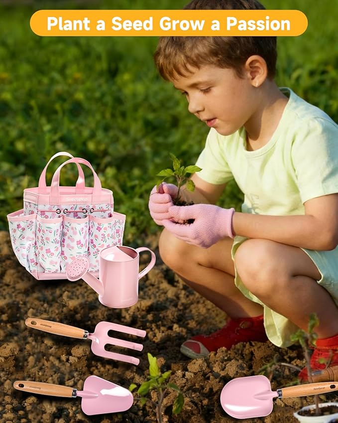 Kids Gardening Tool Set Toys - 8 Pieces Quality Garden Kit for Toddlers & Kids with Shovels, Rake, Watering Can, Hat, Apron, Gloves & Storage Bag（Pink）