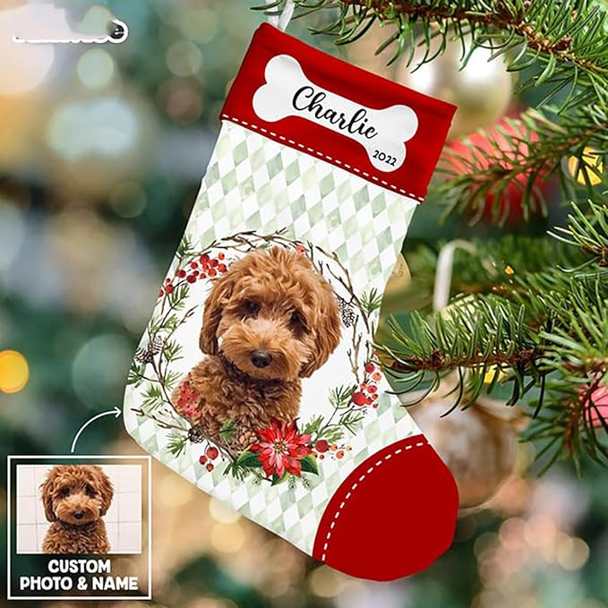 LOVELYPOD Christmas Stockings Personalized with Name, 19" Christmas Stocking Dog Christmas Photo Stocking 2023, Xmas Stocking Holiday Christmas Decoration Gifts for Family Kids
