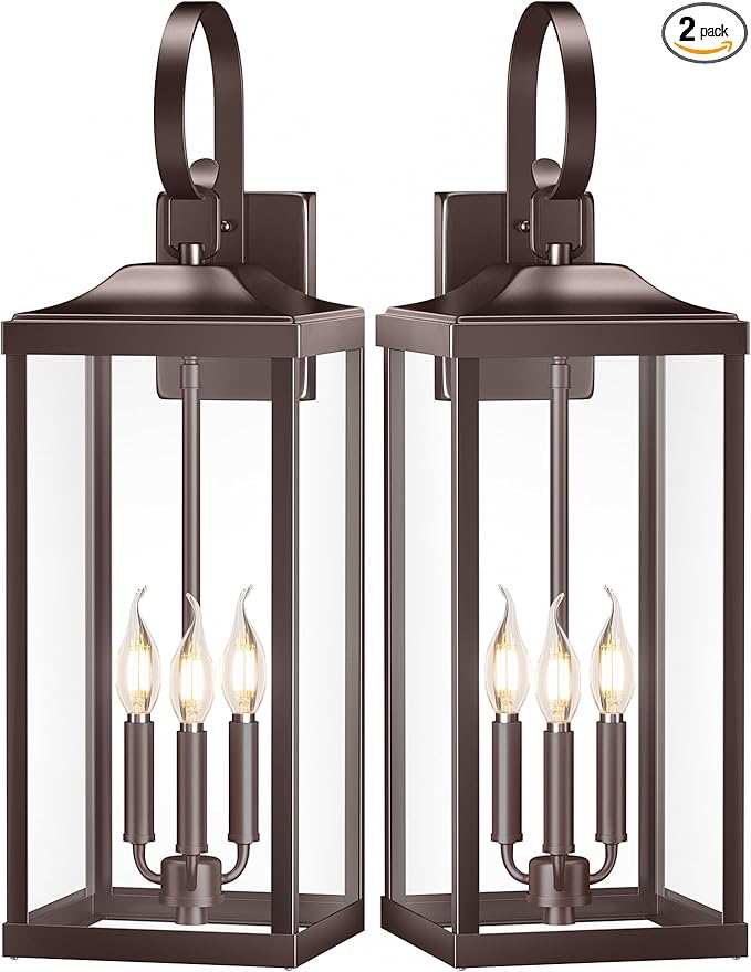 2 Packs 24" Extra Large 3-Light Outside Wall Light Fixture, Oil Rubbed Bronze Outdoor Porch Lantern Wall Mounted, Waterproof Modern Brown Outside Wall Sconce Coach Lamp for House, E12