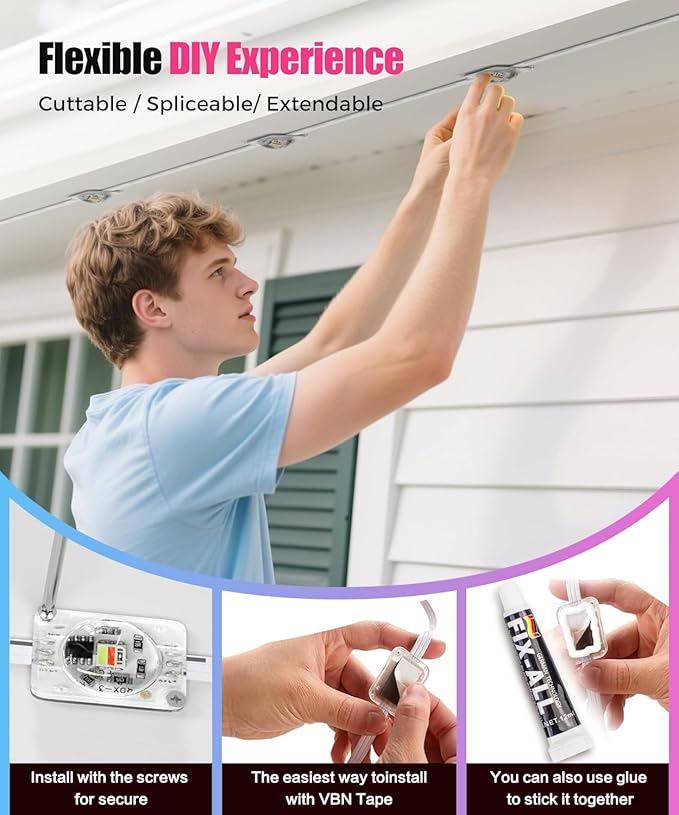Permanent Outdoor Lights for House, 50ft 24 RGB+IC Smart Outdoor Decor, 50 Scene Modes, App/Remote Control, IP68 Waterproof
