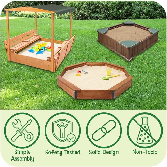 Badger Basket 2 in 1 Sandbox & Garden Planter - Easy Assembly Outdoor Sensory Play and Planting Box - Durable Woodgrain Plastic with Cover & Liner - (48.75 x 48.75 x 12.01)