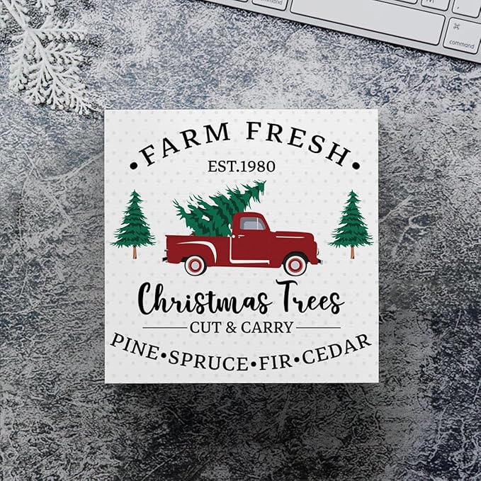 Funny Farm Fresh EST.1980 Sign Christmas Tree Decor Christmas Decorations Indoor Winter Desk Accessories Decoration for Table Home Shelf Office Gifts for Women 5 X 5 Inch