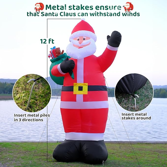 12 FT Giant Christmas Inflatable Santa Claus Outdoor Yard Decor with LED Lights and Metal Stakes - Blow Up Holiday Lawn and Garden Decoration- Perfect for Festive Home Display