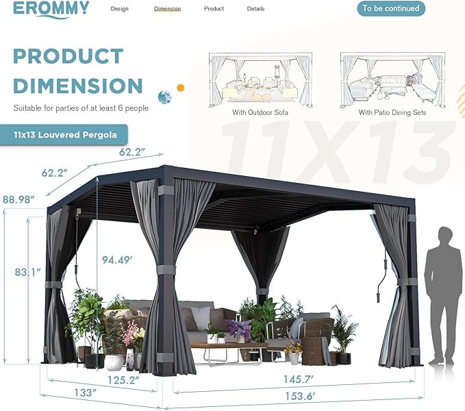 EROMMY Louvered Pergola 11' x 13' Outdoor Hard Top Mansard Roof Gazebo with Aluminum Frame and Adjustable Metal Rainproof Roof for Garden & Patio, Curtains and Netting Included, Gray-Black