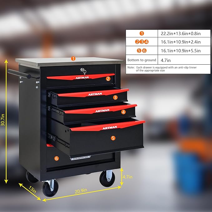 RYH 4/5/6/7 Drawers Rolling Tool Chest -Heavy Duty Mobile Metal Tool Box with Locking Wheels, with Stainless Steel Worktop, Garage Tool Storage Cabinet (Black, 5-Drawers 30.7 H¡¿22.2 W)