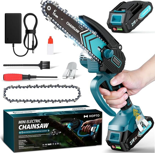 Chainsaw 6-Inch 1 Pack 2000mAh Battery Hand Mini Chain Saw Birthday Christmas Gifts for Men Portable Cordless for Wood Cutting Tree Trimming Projects Gardening Tools (Blue-1 Battery)