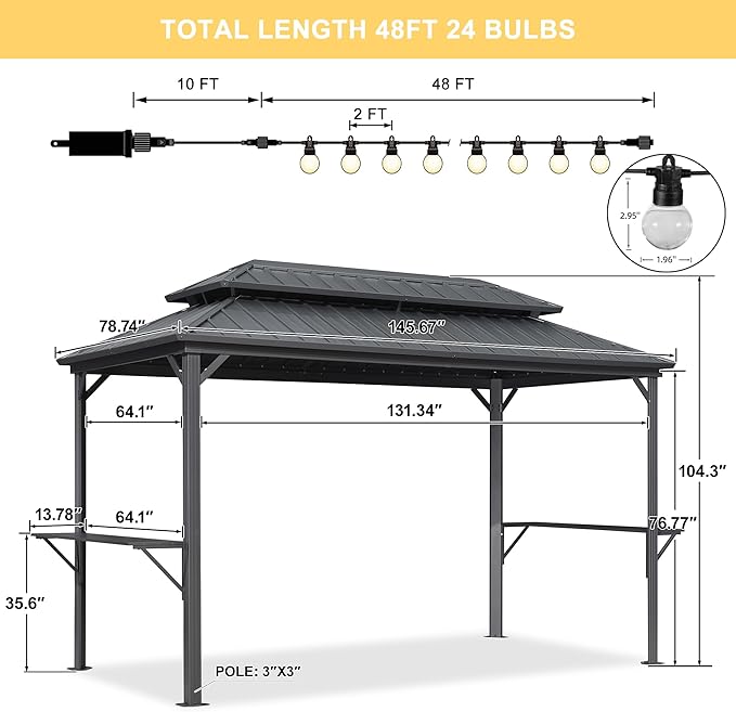 PURPLE LEAF 6.5' X 12' Hardtop Grill Gazebo for Patio Aluminum Barbeque Canopy with 24 Clear Light Bulbs and Shelves Double Tiered Grey Outdoor BBQ Gazebo