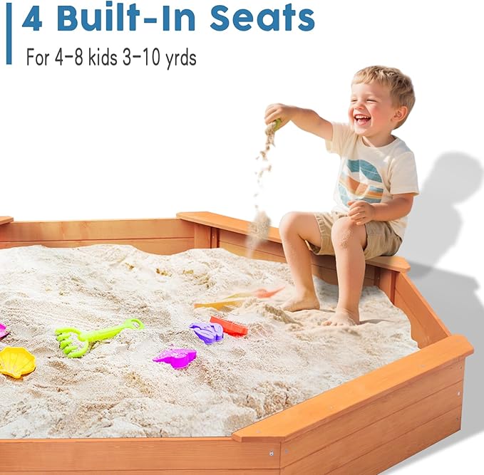 Kids Large Octagonal Wooden Outdoor Sandbox with Cover, 4 Built-in Benches Extra Large Sandpit, Bottom Liner, Playset Gift for Backyard Garden Easy Assembly