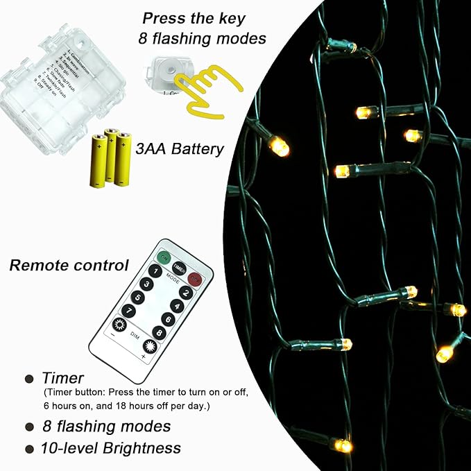 Battery Warm White String Lights, 72ft 200LEDs Mini Christmas Decor lamp with Remote and Timer, Dimmable and Waterproof, Twinkle Home Decoration Indoor