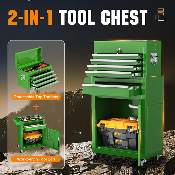 Crownland 5-Drawer Rolling Tool Chest with Wheels, Lockable 2 in 1 Detachable Tool Cabinet wit Drawers and Black Liners, Garage Top Toolbox & Bottom Storage Cart with Side Hooks(Green)