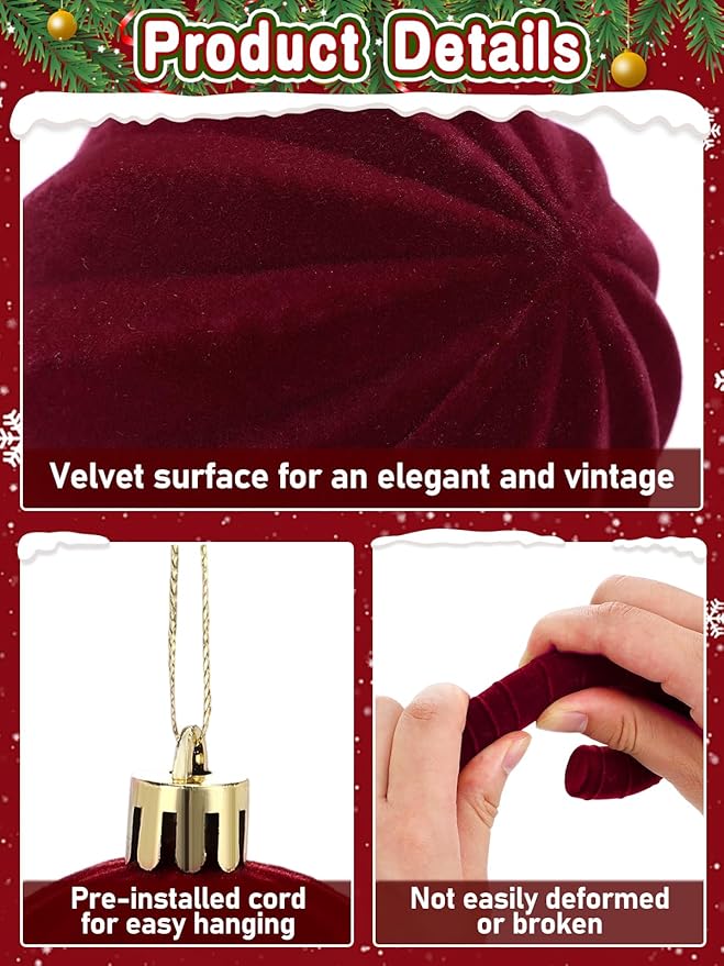 80Pcs Velvet Star Topper & Ornaments for Christmas Tree Decorations - 1 Topper Star, 2 Candy Canes, 27 Flocked Shatterproof Balls and 50 Bows (Burgundy)