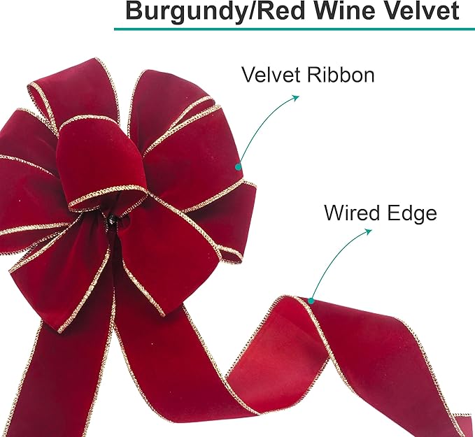 CT Craft Christmas Handmade Tree Topper Bow 10" X 26" X 12 PCS Burgundy/Red Wine Velvet Ribbon Gold Wired Edge for Tree Topper Wreath Indoor Outdoor Holiday Decoration
